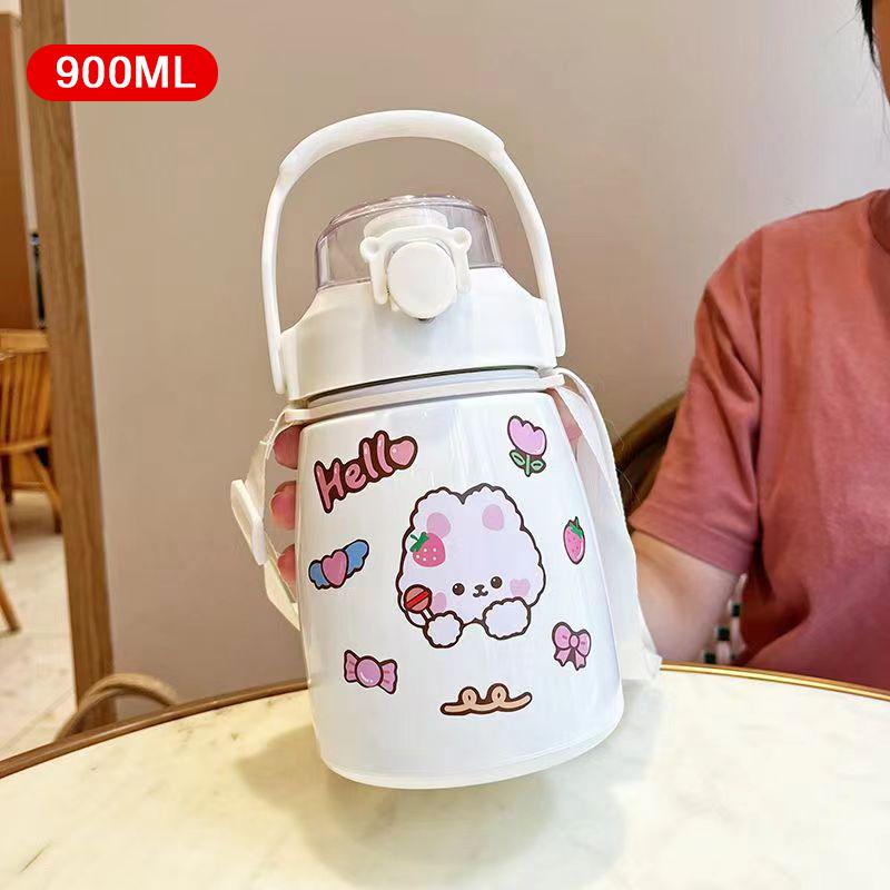 Kubek Izolowany dla Dzieci 900 ml Kubek z Dużym Brzuchem Termos ze Stali Nierdzewnej Przenośny Czajnik ze Słomką Kreskówkowy Termos Próżniowy Butelka na Wodę