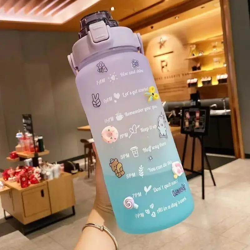 

2L Colorful Frosted Water Bottle With Straw And Cute Sticker Kawaii Motivational Time Marker Sport Workout Portable Drinking Cup 2.0L