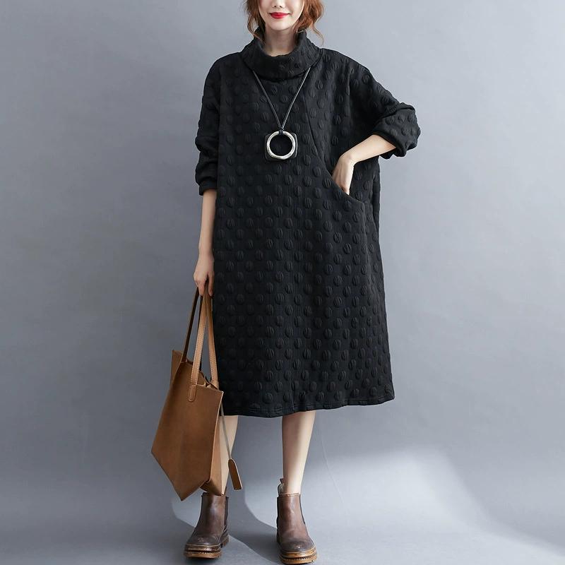 Women Oversized Dress Turtleneck Long Sleeve Polka Dot Dress Casual Solid Color Pocket Maxi Dress