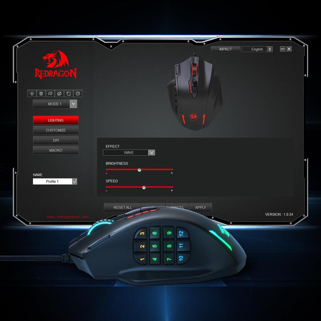 Redragon M908 Impact RGB LED MMO Gaming 12 Side Optical Wired Ergonomic Gamer Up to High 20 Programmable Macro with Comfort Grip Mouse, Buttons,