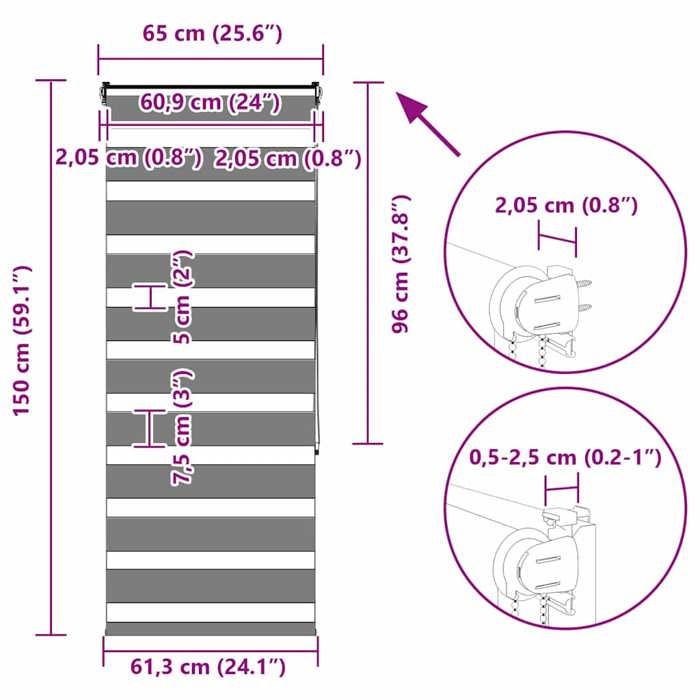 VidaXL Store zèbre gris clair largeur du tissu 60,9 cm polyester, store à enrouleur zébré, store zébré pour fenêtre, store 4014436