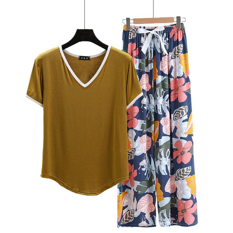 Modal Loungewear V-Neck color-block Tshirt and Floral Wide leg pants Summer Thin Pajamas sets Casual Plus size Homewear 2pcs suit Comfort clothing