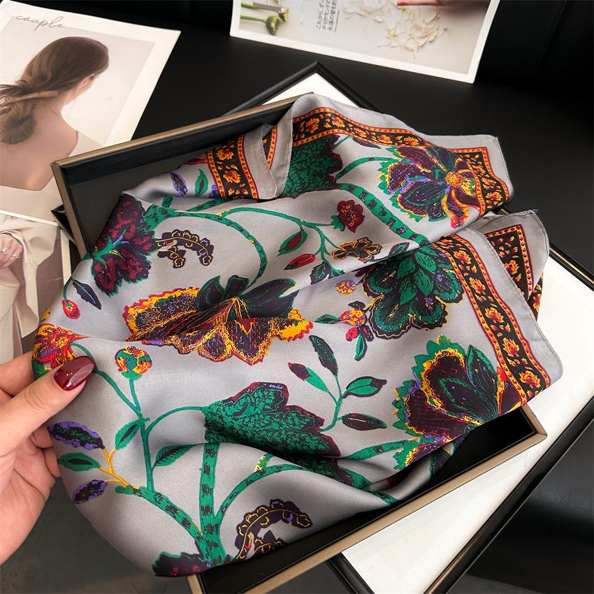 Elegant Ginkgo Leaf Print Silk Square Scarf – Versatile Headscarf for Spring and Summer
