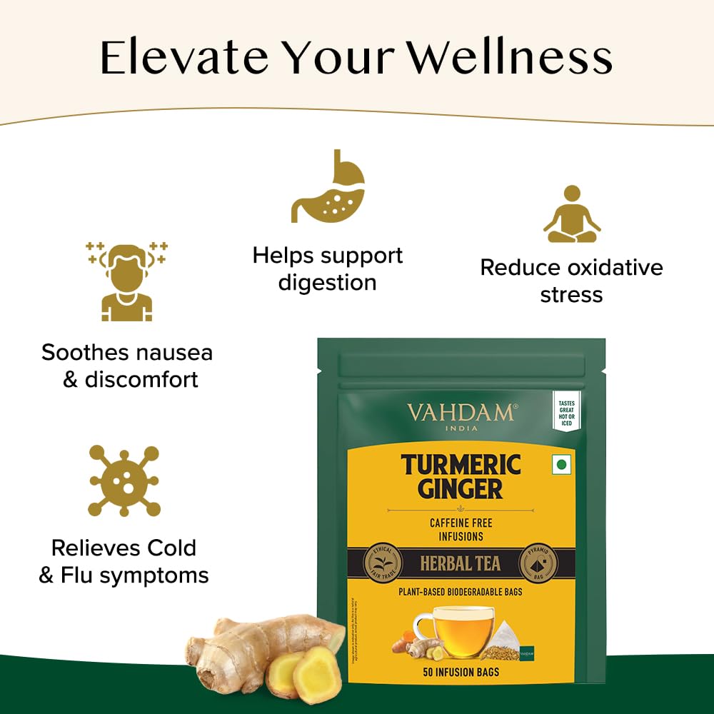 VAHDAM, Turmeric Ginger Infusion Bags (50 Bags) | Caffeine Free, Non-GMO, Gluten Free | Turmeric with Ginger - Savory & Spicy | Direct from Source