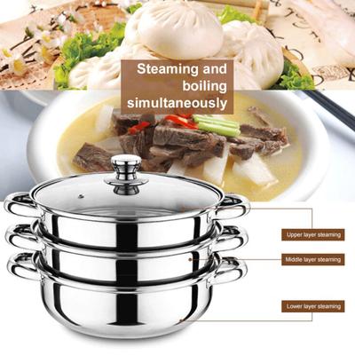 Stainless Steel 3 Tier Steamer Pot Set with Lid Food Steamer Stackable Food Steamer Space Saving Visual Lid Handle Design Multipurpose Cooking Pot