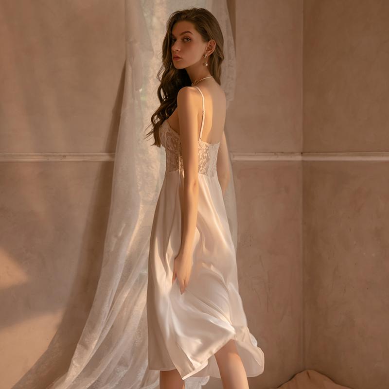 Sexy Lace Perspective Long Satin Suspender Nightdress Home Clothes Fun Suit