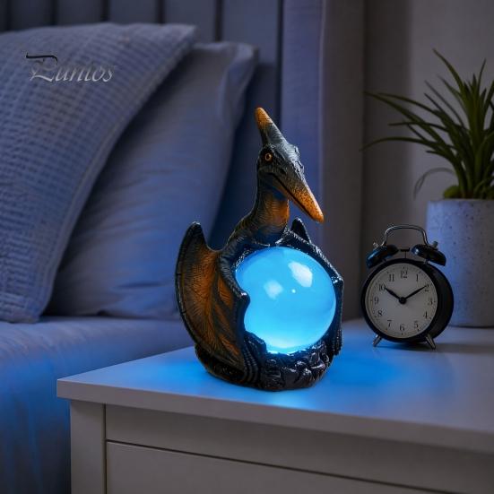 Mystical Dragon Desk Lamp Pterosaur Night Light, Resin Gothic Table with Glowing Faux Crystal Office Accent Lighting Ball, Fantasy Decor for