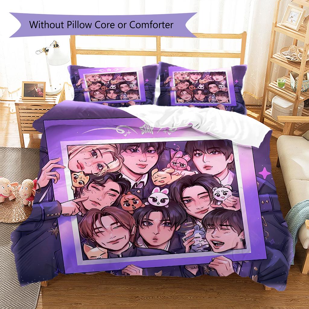 Literie à motif SKZ, Ensemble couette Housse de couette Taie d'oreiller Cadeau d'anniversaire pour la maison (1 housse de couette + 2 taies d'oreiller, sans garniture.)