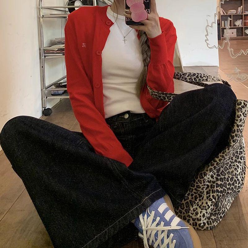 2024 Women's High Waist Dark Blue Retro Straight Jeans - Slim Wide Leg Mopping Trousers
