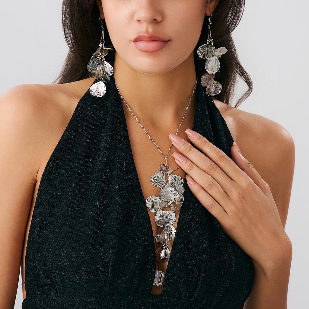 Ingemark Elegant Petal Flower Long Tassel Pendant Necklace Piercing Drop Earrings for Women Wedding Bridal Daily Jewelry Set