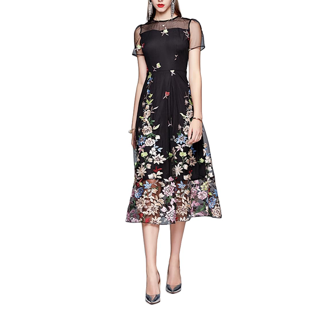 

Идеальное для вечеринки и особенное миди-платье с цветочным коротким и уникальным и стильным видом для знаменитостей в их и размере [MATSUMIZUYU] Женское чёрный