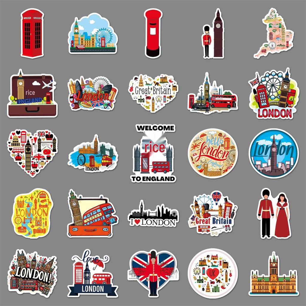 50 UK-Themed Waterproof Cartoon Stickers: Outdoor Scenery for Travel, Water Bottles, and Suitcases
