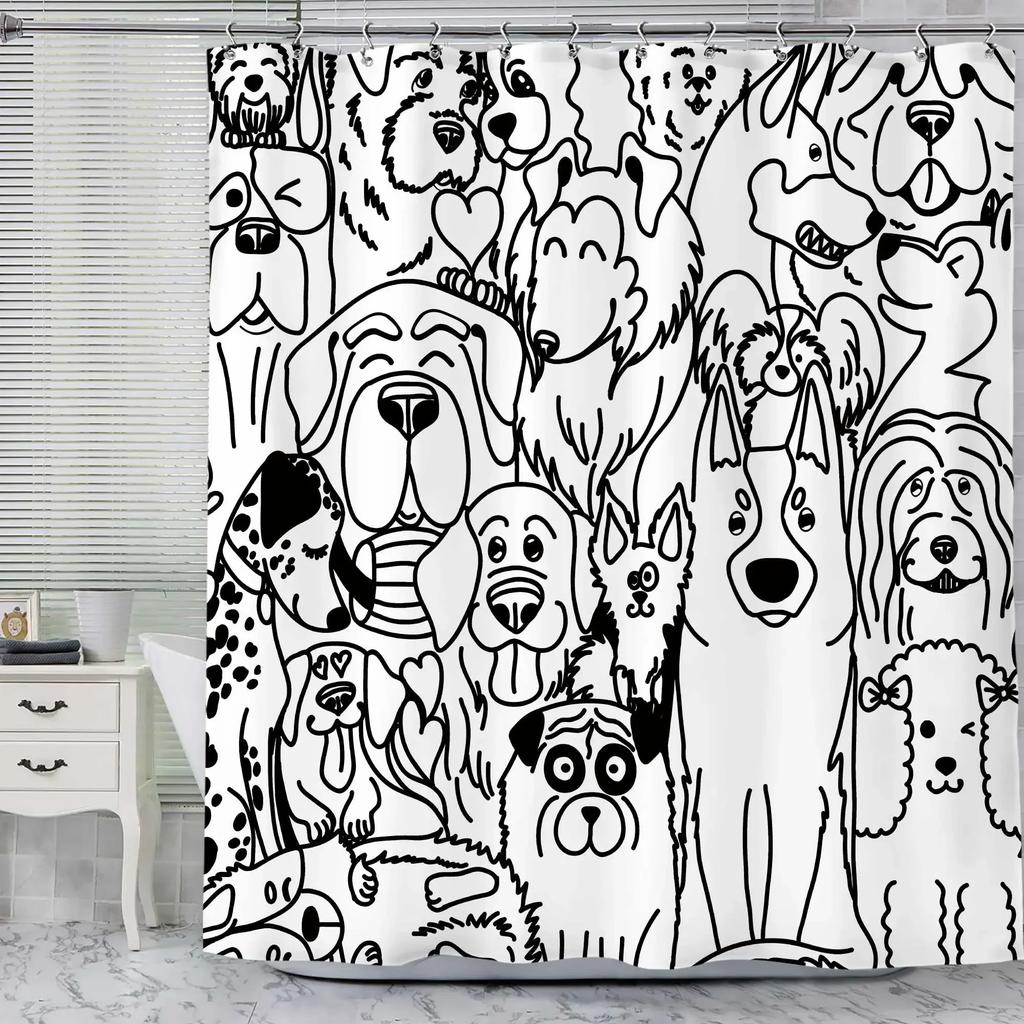Cats and Dogs Shower Curtain Raining Cartoon Corgi Cute Animal Hilarious Pet Playing Water Polyester Waterproof Bathroom Curtain