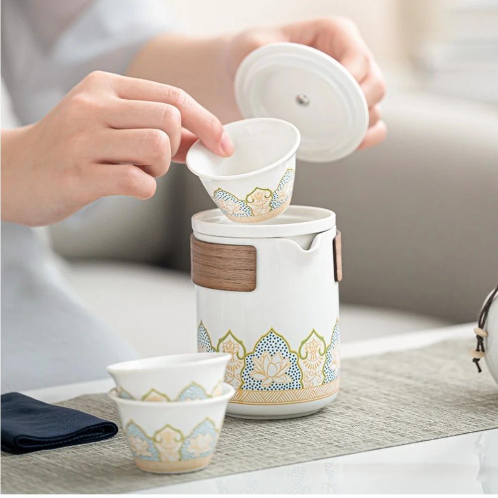 Portable Ceramic Kung Fu Tea Set with Kuaike Cup Travel Outdoor Camping Art Tea Set Business Gift with Storage Box
