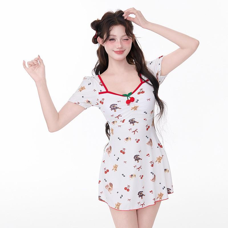 

Sweet Cute Style Cherry Puppy Printed One-piece Swimsuit Women s Short-sleeved Square Collar Cartoon Hot Swimming Suit M белый