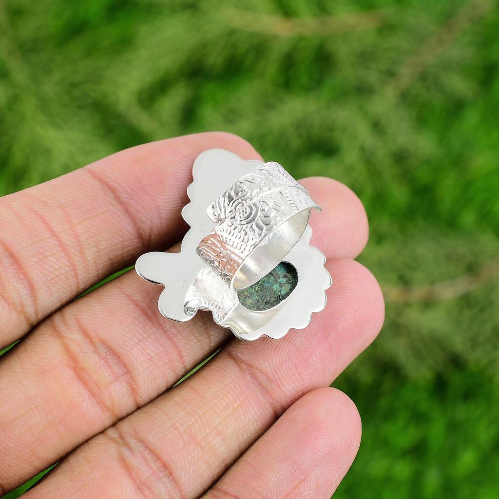 Gift For Her 925 Silver Natural Chrysocolla Gemstone Statement Adjustable Ring