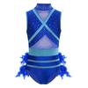 Collant de Dança Feminino Sem Mangas Patchwork de Renda Recorte de Pena nas Costas Brilhantes Strass Color Block