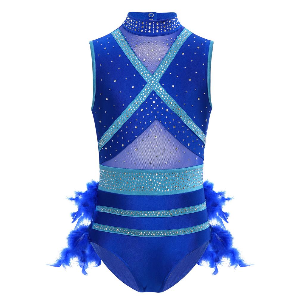 Collant de Dança Feminino Sem Mangas Patchwork de Renda Recorte de Pena nas Costas Brilhantes Strass Color Block