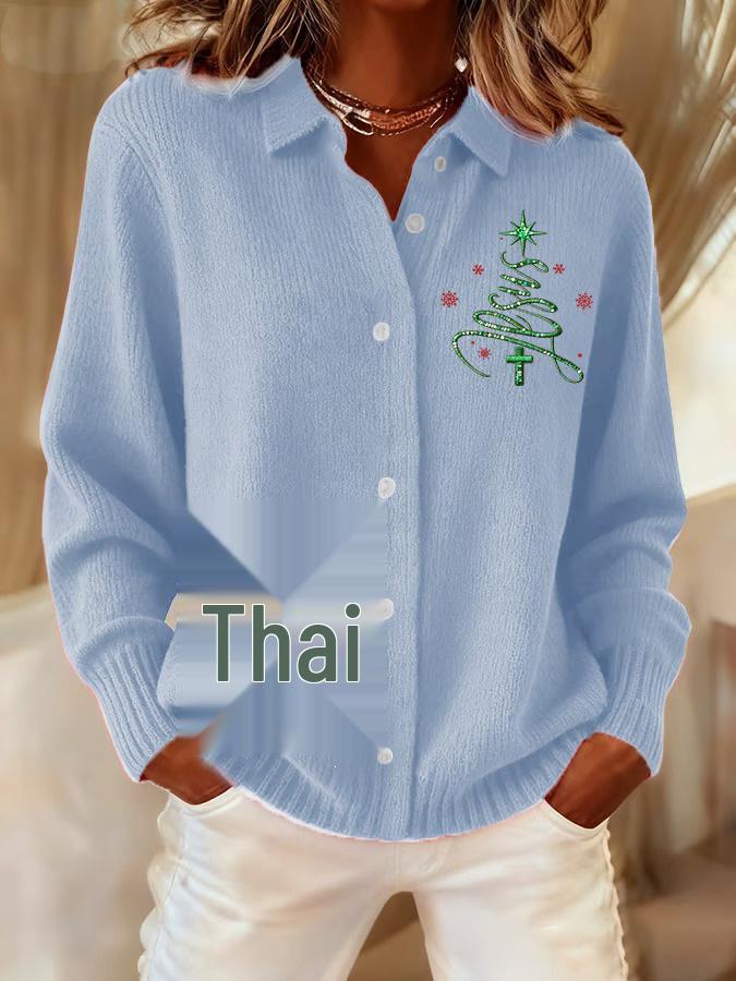 2025 Women's 3D Print Knit Lapel Cardigan - European & American Christmas Top for Autumn/Winter