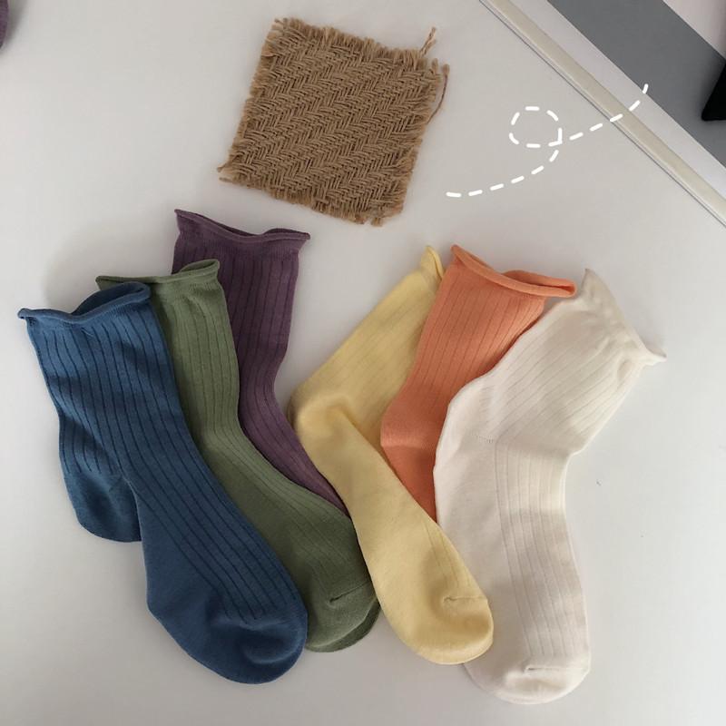 Johnature Korean All Match Random 5 Colors Middle Tube Perfect Fit Cream Color Heaps Women Socks