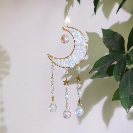 Colorful Crystal Suncatcher, Hanging Sun Catcher for Windows, Moon Shape Healing Crystal Decor for Home, Crystals Prism Rainbow Maker, Gift for
