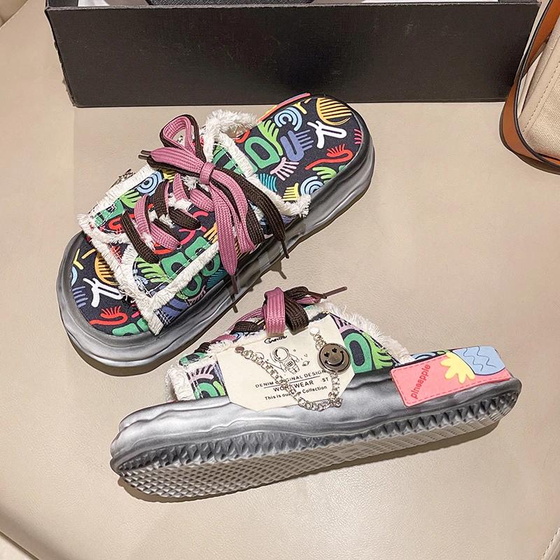 Fashion Design Summer Women Graffiti Slippers Platform Shoes Mules Flip Flops Street Sandals Clogs Flat Casual Shoes for Female