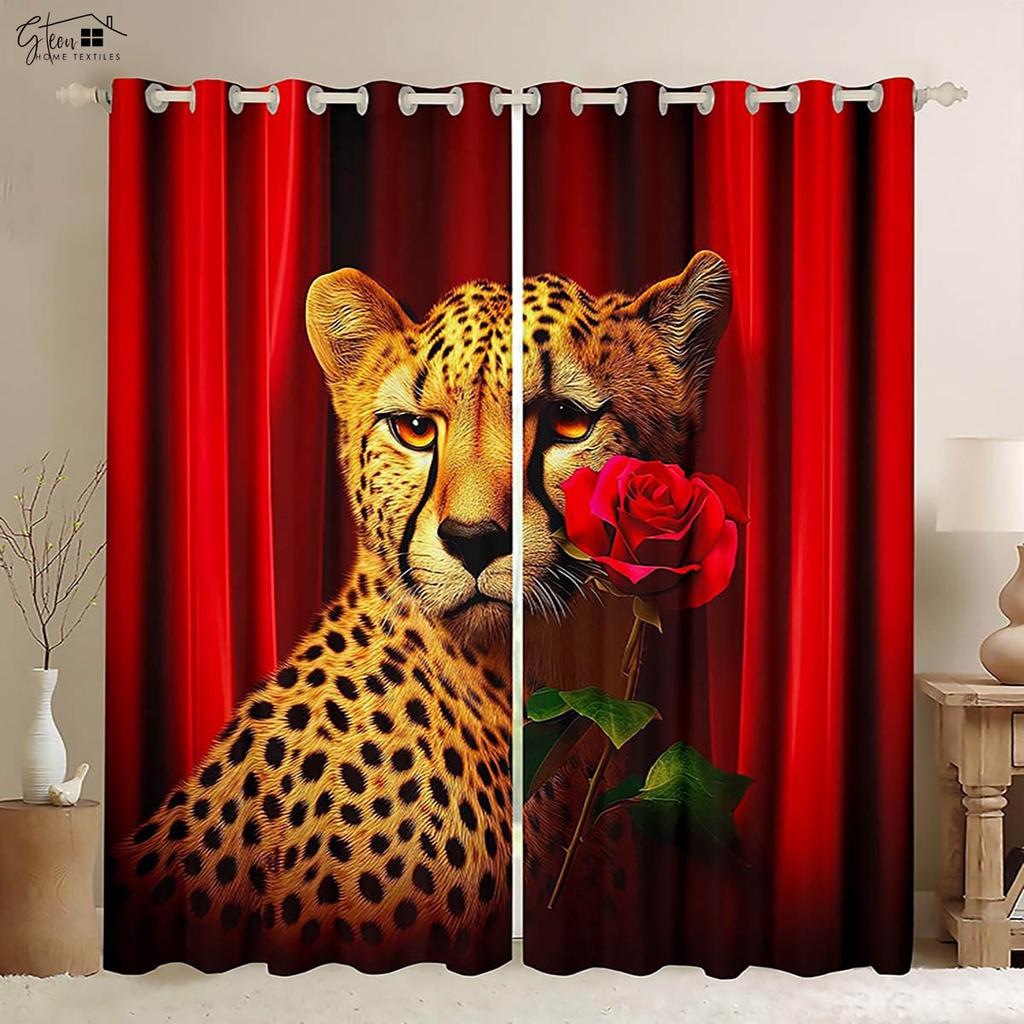 Róża Kwiat Tygrys Zwierzę Druk 3D Zasłona Styl Retro Salon Kuchnia Sypialnia Zasłona Dekoracja Okna Zasłona 2 Sztuki