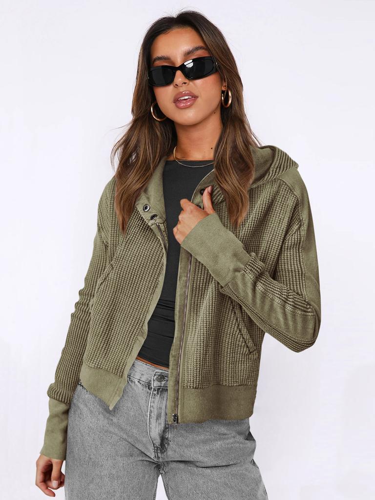 Women's Beige Knit Hooded Zip-Up Jacket with Pockets, Casual Loose Fit Pullover Coat