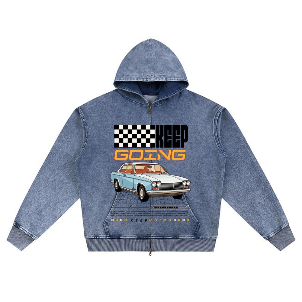 DTG print Knitted Denim Zip-Up Hoodie Keep Going Retro Car Brother Print Zipper Hoodies  