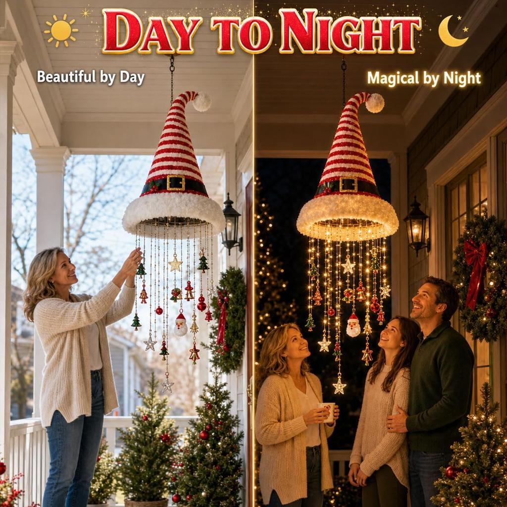 Lighted Santa Hat Hanging Chandelier 3 Styles Warm LED Christmas Light Sequined Cone Hanging Decor with Chime Star Tassel Set Indoor Outdoor Porch