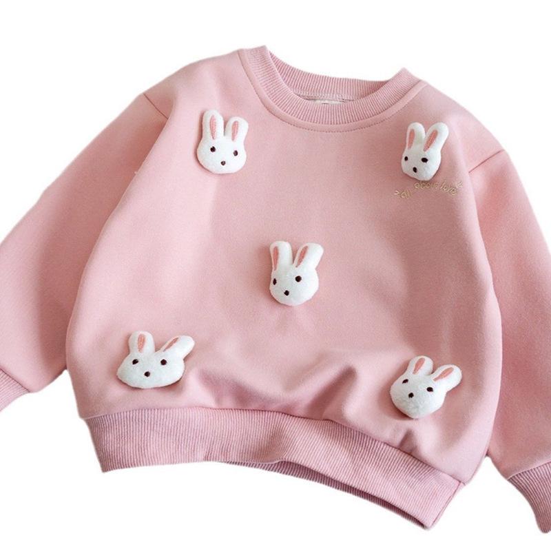 2024 Autumn Baby Girl Korean Hoodie - Cartoon Style with 3D Rabbit Decoration