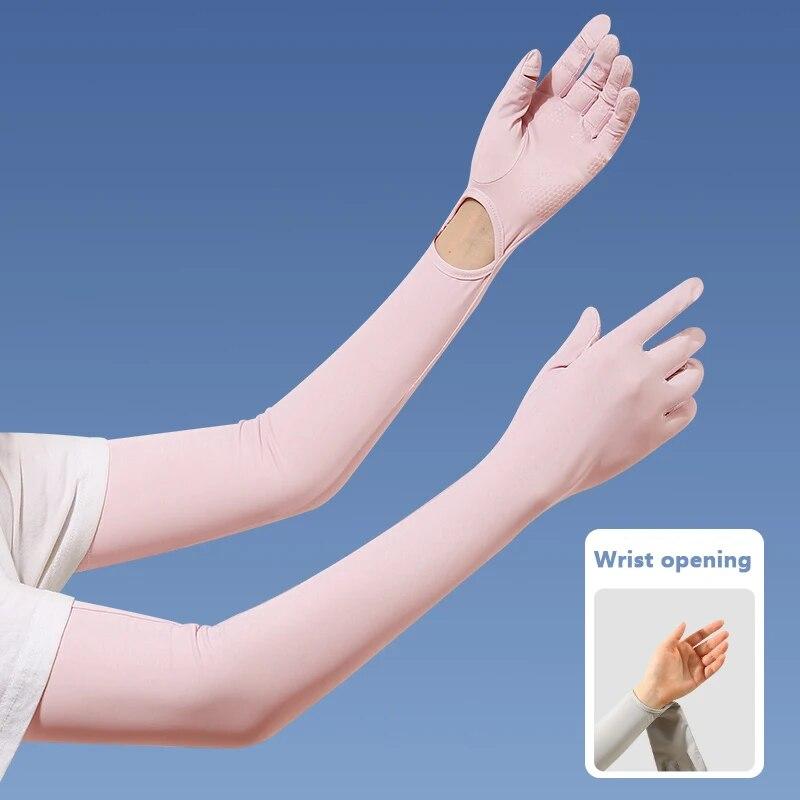 

Солнцезащитные женские летние перчатки с защитой от ультрафиолета UPF50+, длинные перчатки Ice Silk для верховой езды и вождения розовый