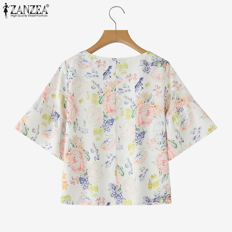 ZANZEA Women Casual Round Neck 3/4 Sleeve Loose Floral Blouse