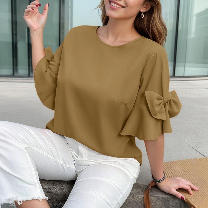 

ZANZEA Женская повседневная блузка с круглым вырезом, расклешенным рукавом 3/4, свободного кроя, однотонная 5XL хаки