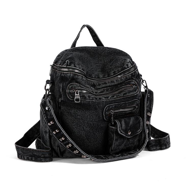 Schoolbag American denim backpack locomotive bag 1011 new niche design multi-pocket simple schoolbag women