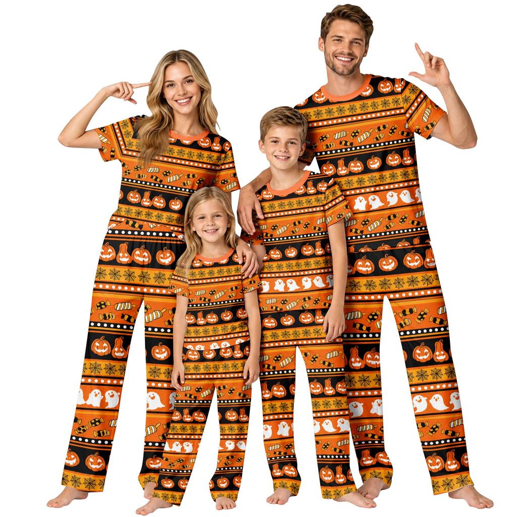 Family Matching Halloween Print Short Sleeve Pajama Set - Top and Pants for Mom and Kids