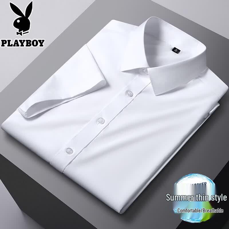 PLAYBOY Men's Modal Ice Silk Short Sleeve Wrinkle-Free Business Shirt