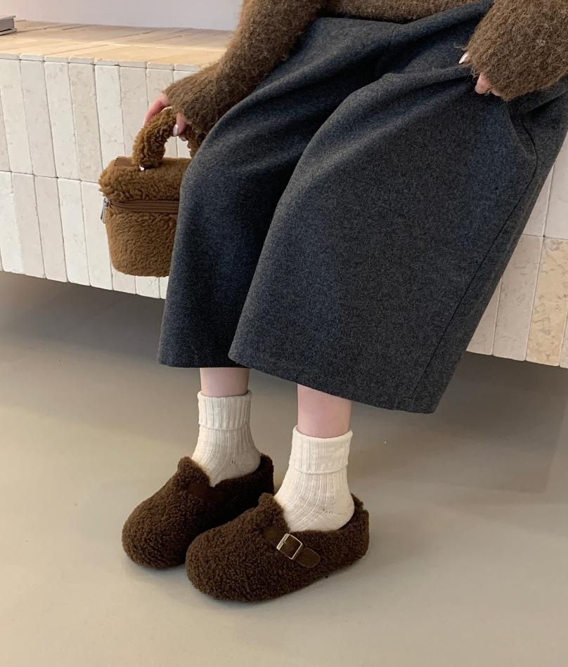 2025 New Belt Buckle Thick-soled Imitation Lamb Wool Cotton Slippers Outer Wear Bag Head Fluff Half-drag Warm Women's Shoes Slippers