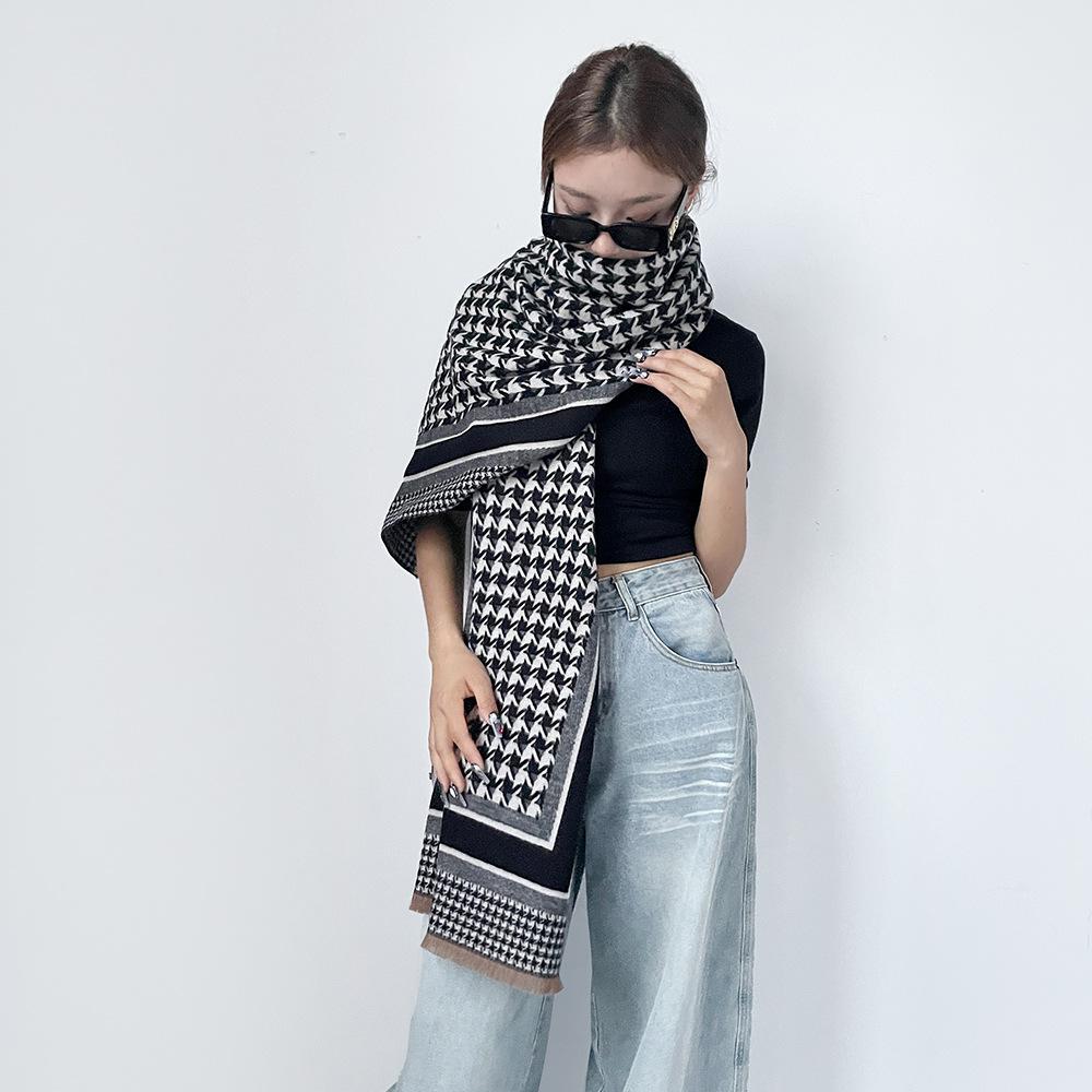 Autumn and winter warm scarf women's imitation cashmere double-sided thousand bird grid temperament versatile scarf long enlarged shawl