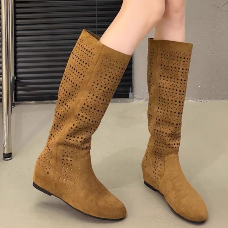 2026 New Retro Hollow Breathable High-top Knight Boots Summer Heightened Matte Leather Long Sandals 35