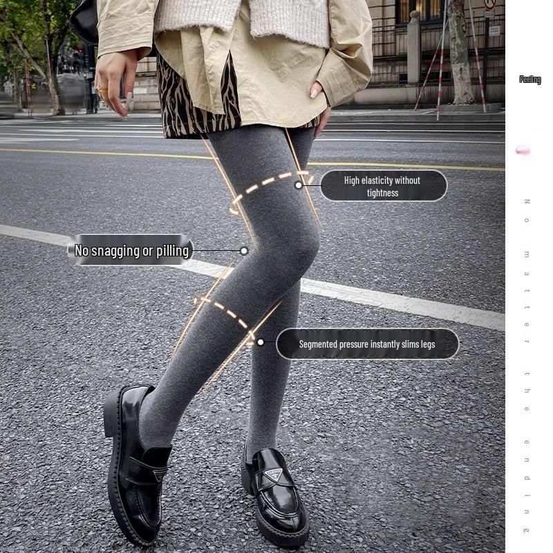 Dámské šedé punčochové kalhoty s vertikálním pruhem - Neshrnující se, s plusovým sametem, Silné, Hřejivé, Tlakově zeštíhlující pro nošení na jaře, na podzim a v zimě.