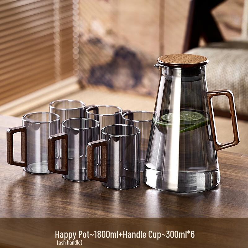 Borosilicate Glass Teapot & Cup Set with Wooden Handles