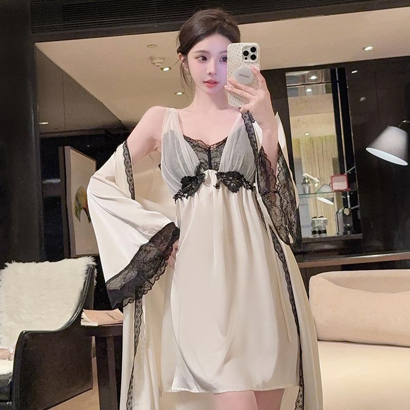 Luxurious French Ice Silk Lace Pajama Set - Princess Style Nightgown