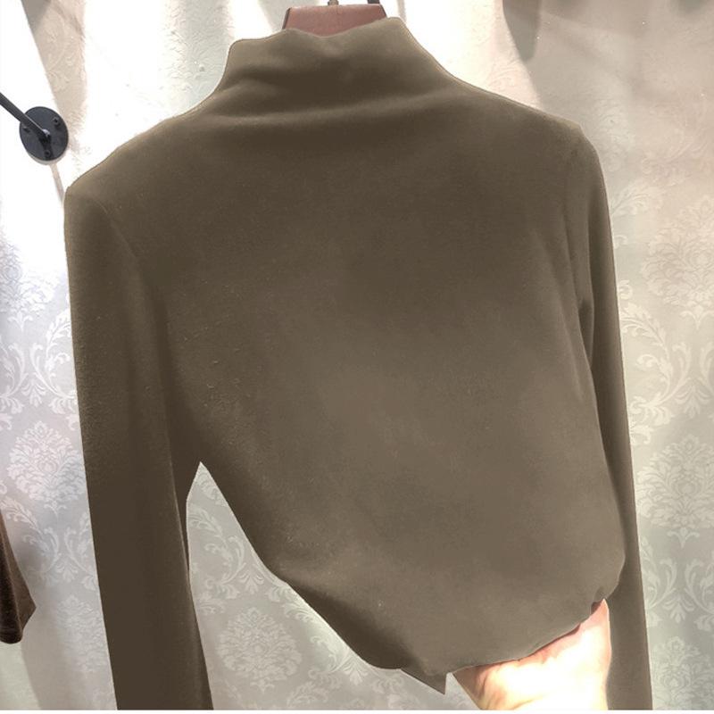 

Теплая рубашка с длинным рукавом из двухстороннего бархата с начесом, приталенного кроя, с воротником-полувысоким, для женщин - однотонная, осень/зима. XXL бежевый