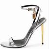 Fashion Metallic Heel Lock Ankle Strap Sandals Round Toe Slingback One Word Belt High Heels Stiletto Heel Women Fashion Sandals Padlock