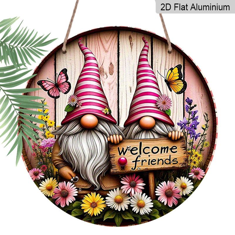 

2D Flat Print, 1pc Metal Aluminum Sign, Whimsical Gnome Garden Wall Art with Welcome Friends Sign, Colorful Flowers & Butterflies, Rustic Decor for 7.87×7.87inch