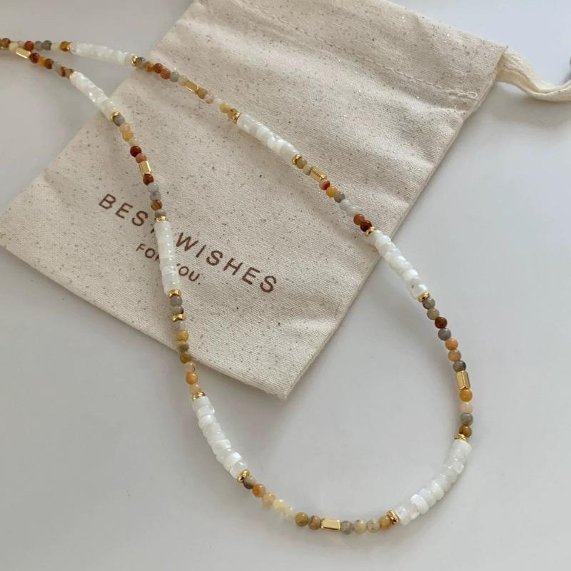 White Shell Earthy Beaded Choker Necklace – Gold Accent Minimalist Boho Necklace for Women, Dainty Everyday Jewelry Gift