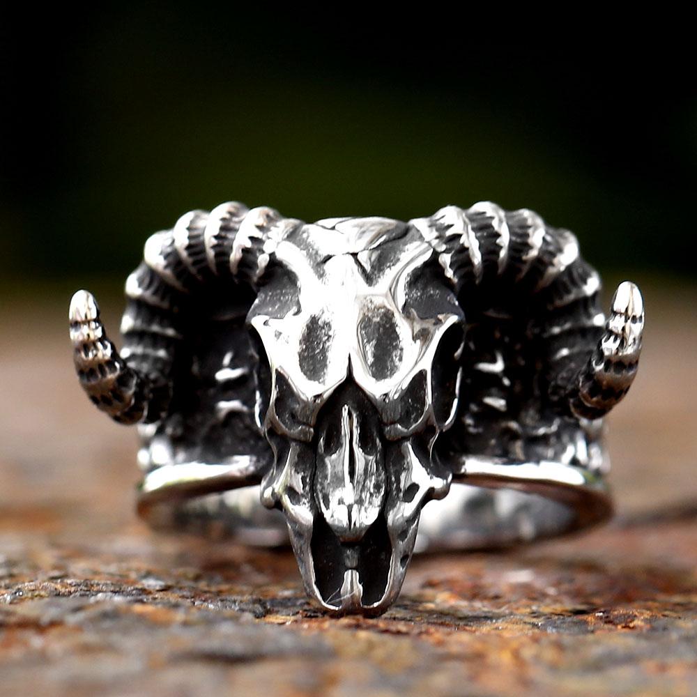 Vintage Gothic Goat Head Skull Ring For Men Stainless Steel Lucifer Animal Jewelry Cool Gift For Boys