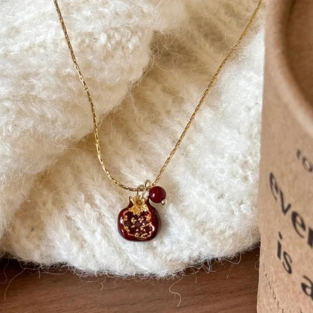 Enamel Red Fruit Gold Color for Women Necklace and Earrings Cute Pomegranate Girl Jewelry Set