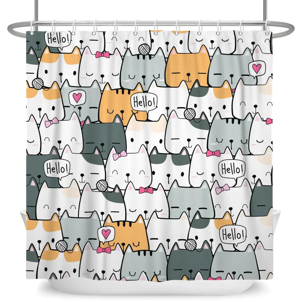 Funny Cat Shower Curtain Cartoon Cute Cats Dog Kids Shower Curtain for Bathroom Waterproof Polyester Home Decor Shower Curtains